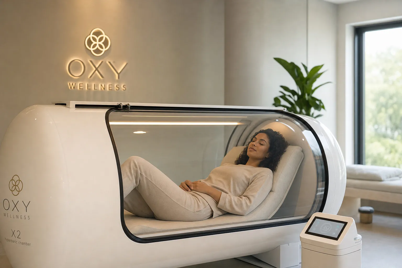 A woman relaxing inside a hyperbaric oxygen chamber in a calm, modern wellness room