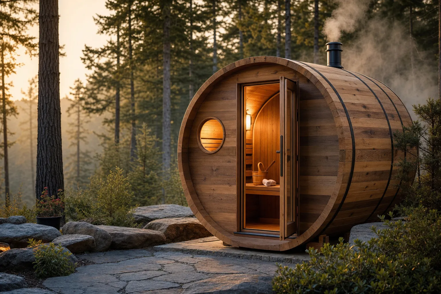 Wooden infrared sauna cabin surrounded by trees at sunset