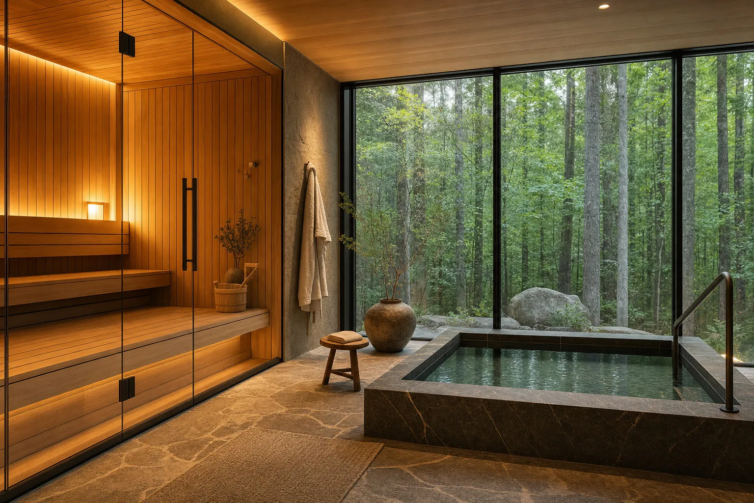 Elegant spa suite with a wood sauna and deep soaking tub overlooking a serene forest.