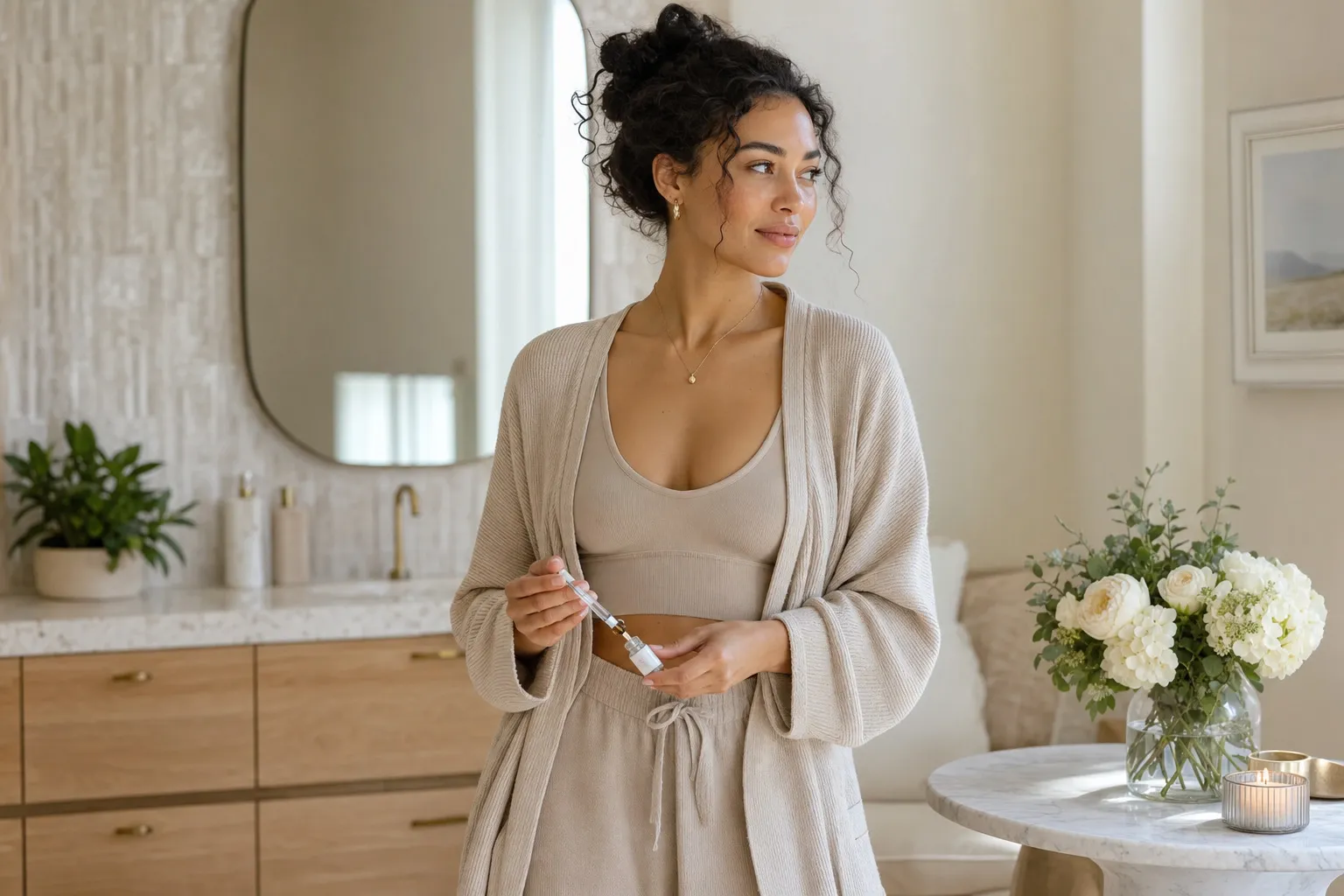 Woman in a neutral outfit holding a skincare product, standing in a bright, modern bathroom.