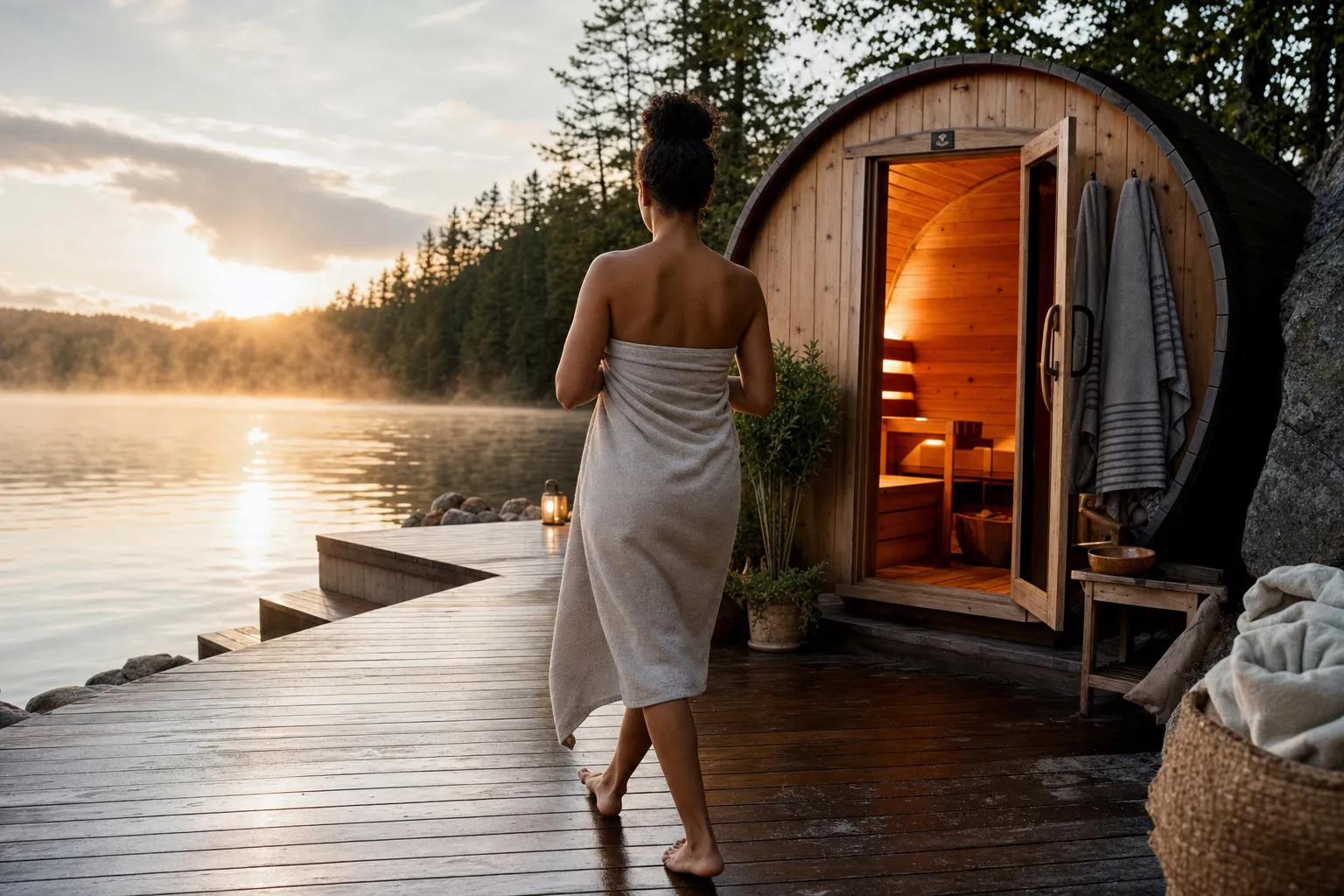 Woman in a towel walking towards a wooden sauna by a lake at sunset.