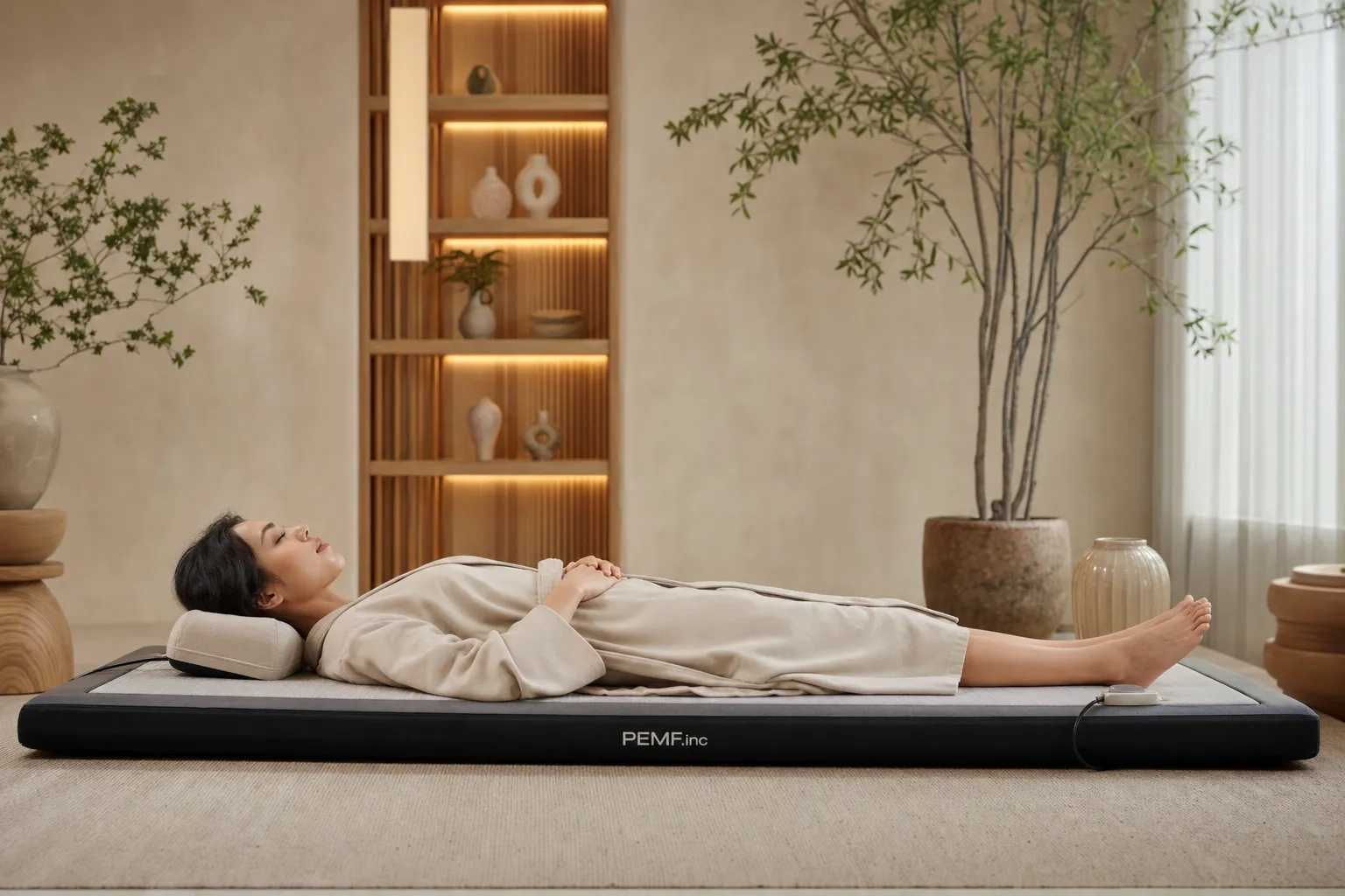 A person lying on a black mattress in a serene, modern room.