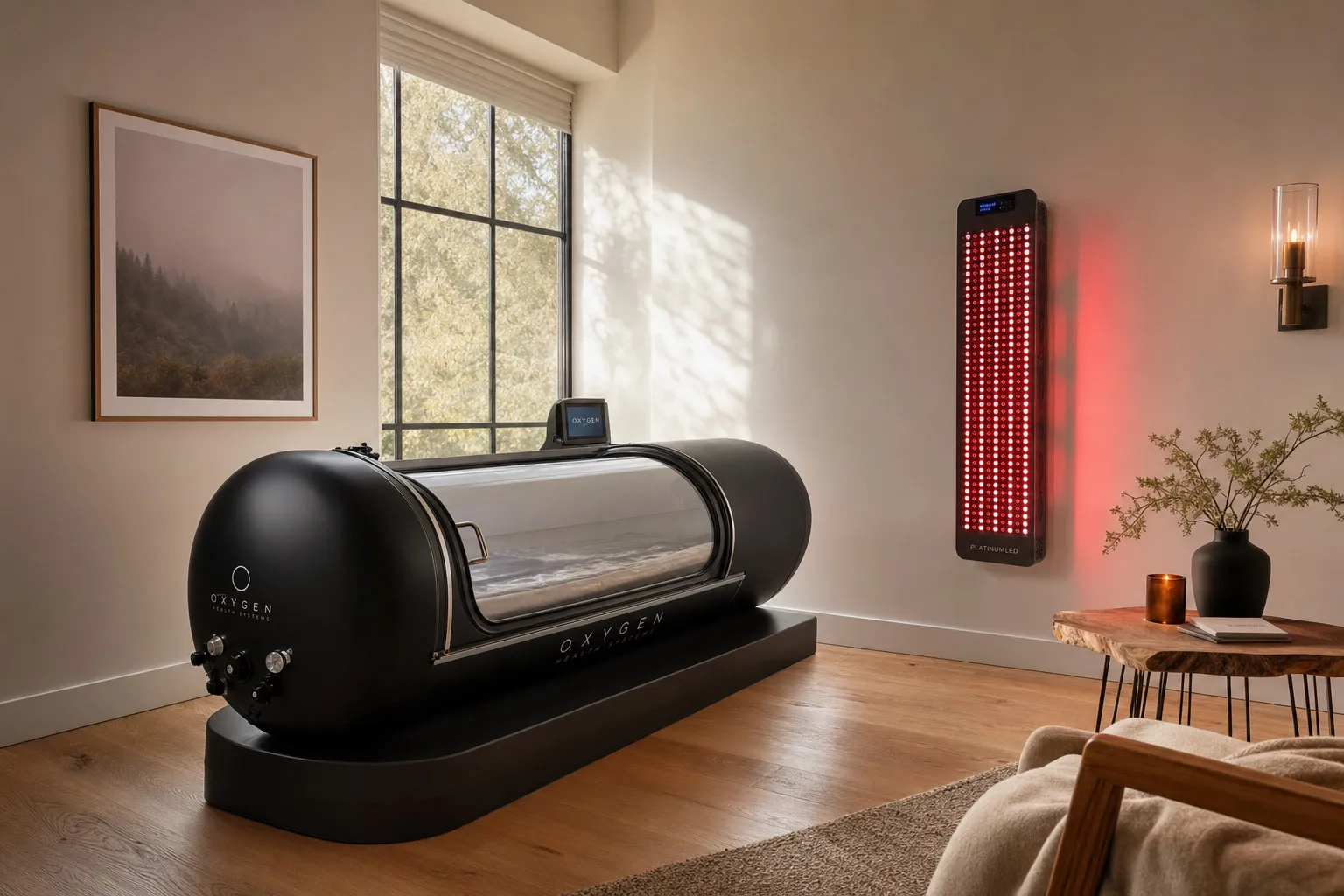 Red light therapy panel integrated into a modern home wellness room