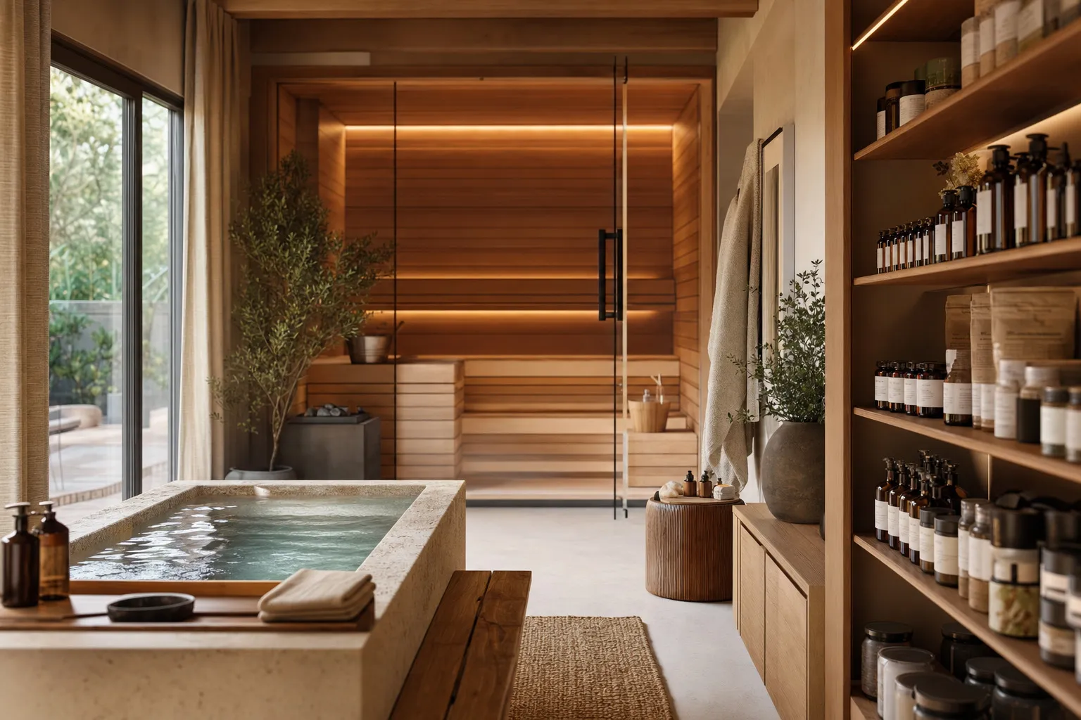 Modern spa bathroom with a wooden sauna, soaking tub, and organized shelves of wellness products.
