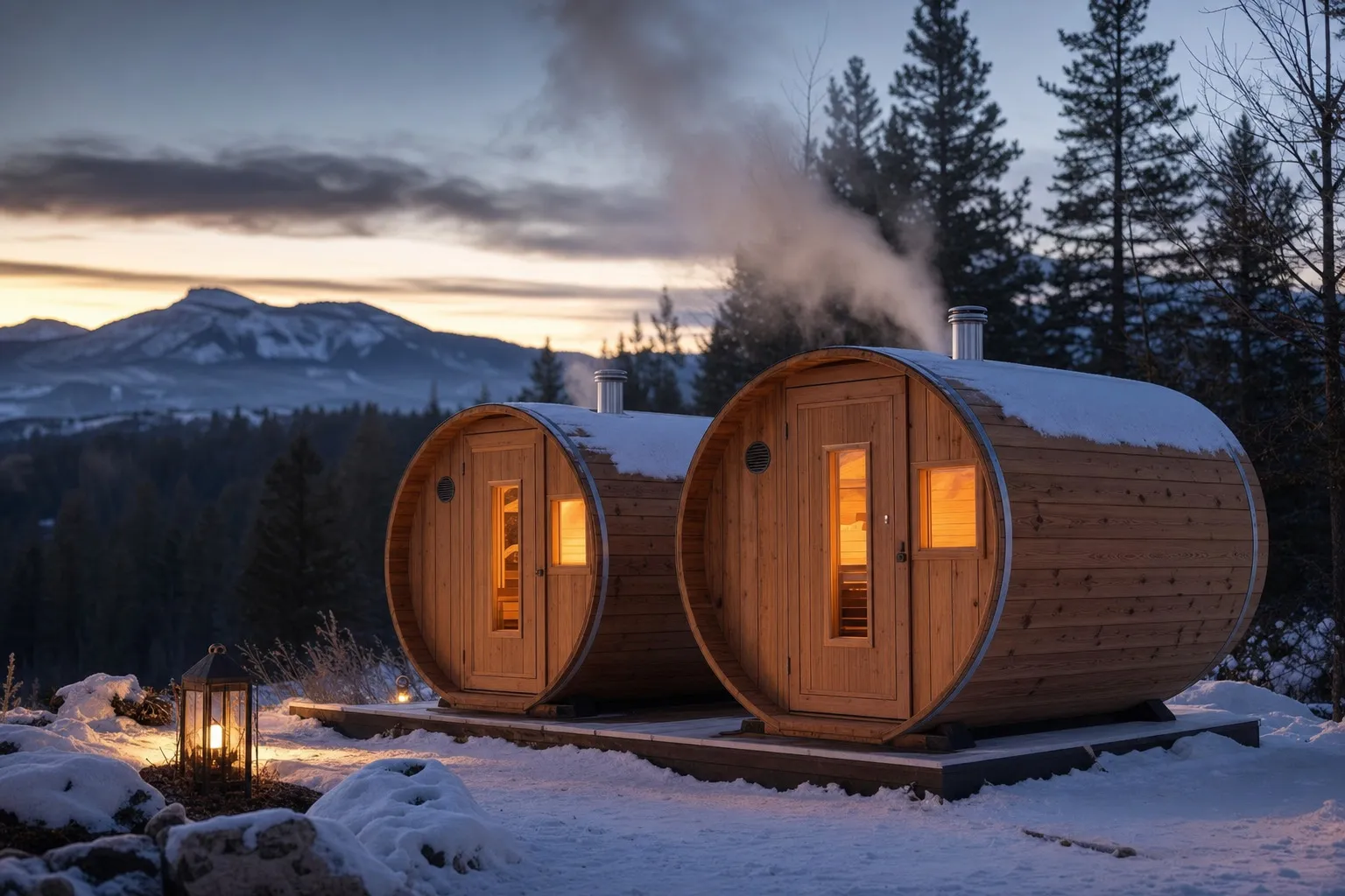 Two wooden barrel saunas surrounded by snow, with smoke rising and mountains in the background.